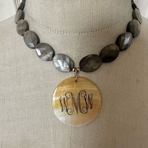 Gray Shell Beaded Monogram Pendant Necklace with Toggle Clasp